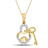 10kt Yellow Gold Womens Round Diamond Heart Lock Key Dangle Pendant 1/10 Cttw