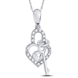 10kt White Gold Womens Round Diamond Heart Lock Key Dangle Pendant 1/10 Cttw
