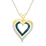 10kt Yellow Gold Womens Round Blue Color Enhanced Diamond Nested Double Heart Pendant 1/4 Cttw