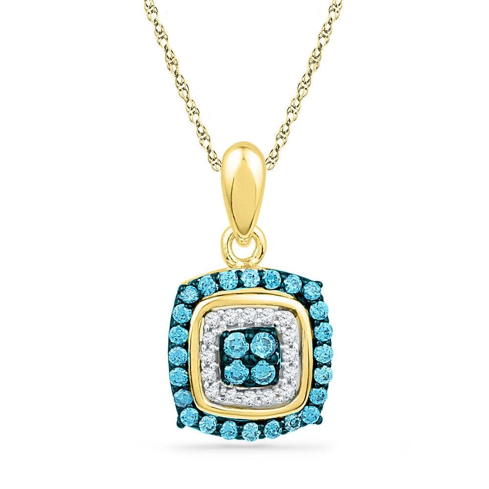 10kt Yellow Gold Womens Round Blue Color Enhanced Diamond Square Cluster Pendant 1/3 Cttw