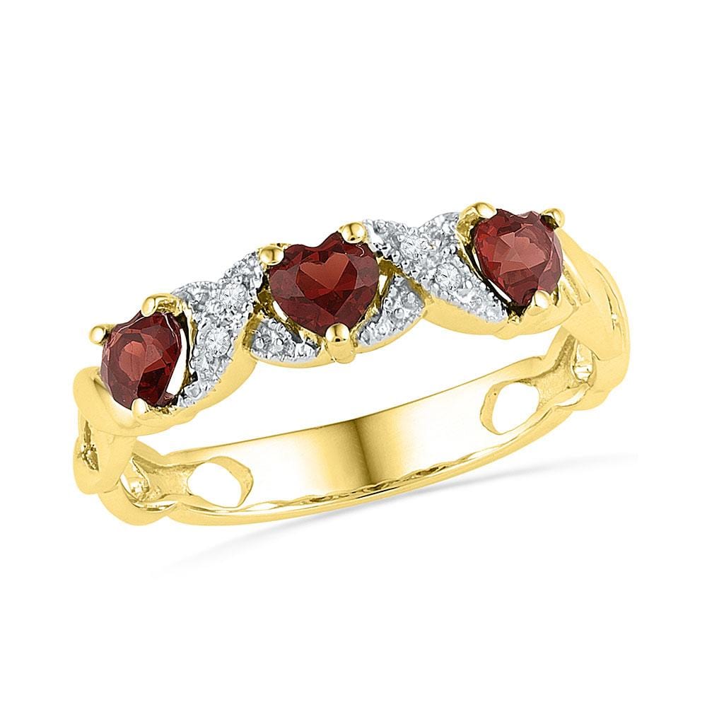 10kt Yellow Gold Womens Heart Garnet Diamond 3-stone Ring /8 Cttw