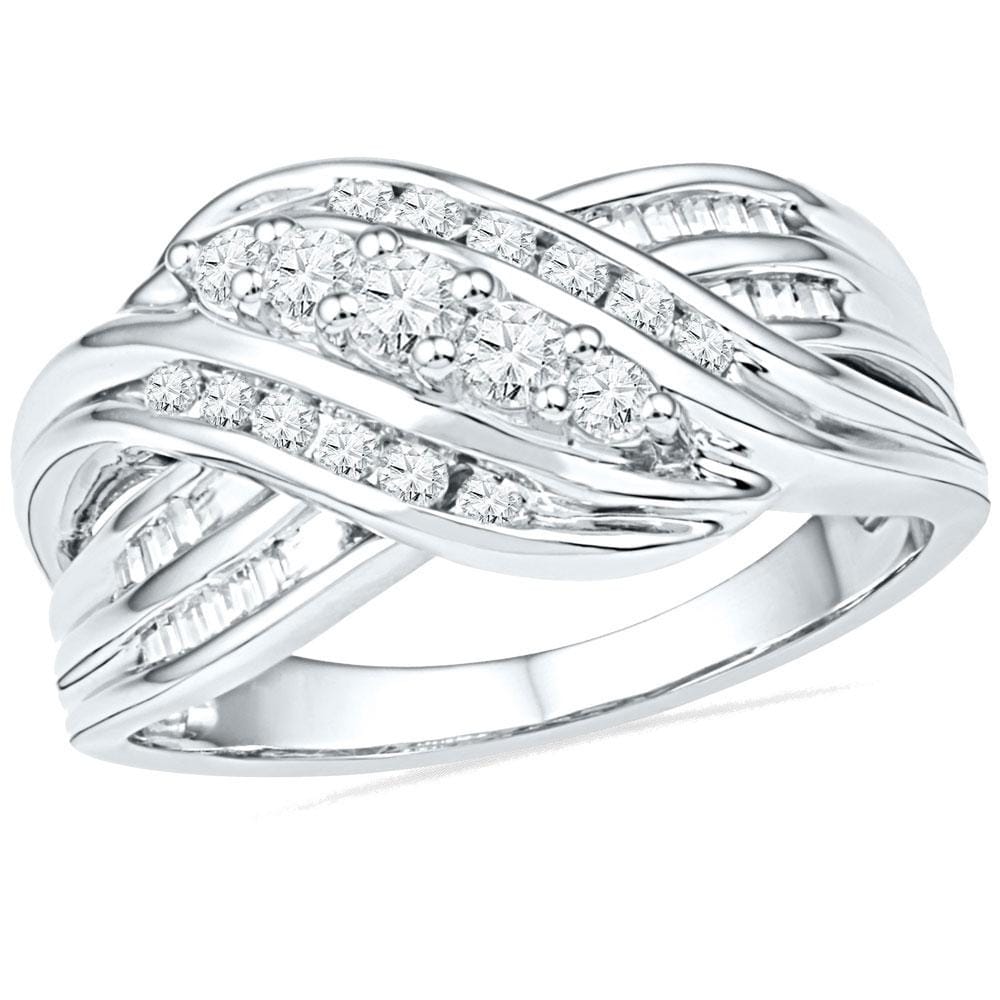 10kt White Gold Womens Round Diamond 5-Stone Crossover Band Ring 1/2 Cttw