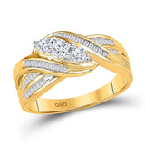 10kt Yellow Gold Womens Round Baguette Diamond 3-Stone Crossover Band Ring 1/2 Cttw