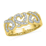 10kt Yellow Gold Womens Round Diamond Triple Heart Band Ring 1/5 Cttw