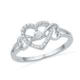 10kt White Gold Womens Round Diamond Triple Heart Solitaire Ring 1/10 Cttw