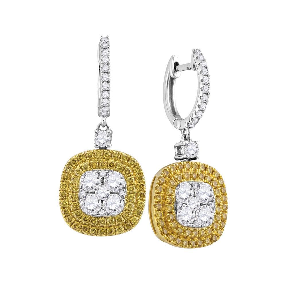 18kt White Gold Womens Round Yellow Diamond Square Cluster Dangle Earrings 2-1/5 Cttw