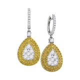 18kt White Gold Womens Round Yellow Diamond Teardrop Cluster Dangle Earrings 2.00 Cttw