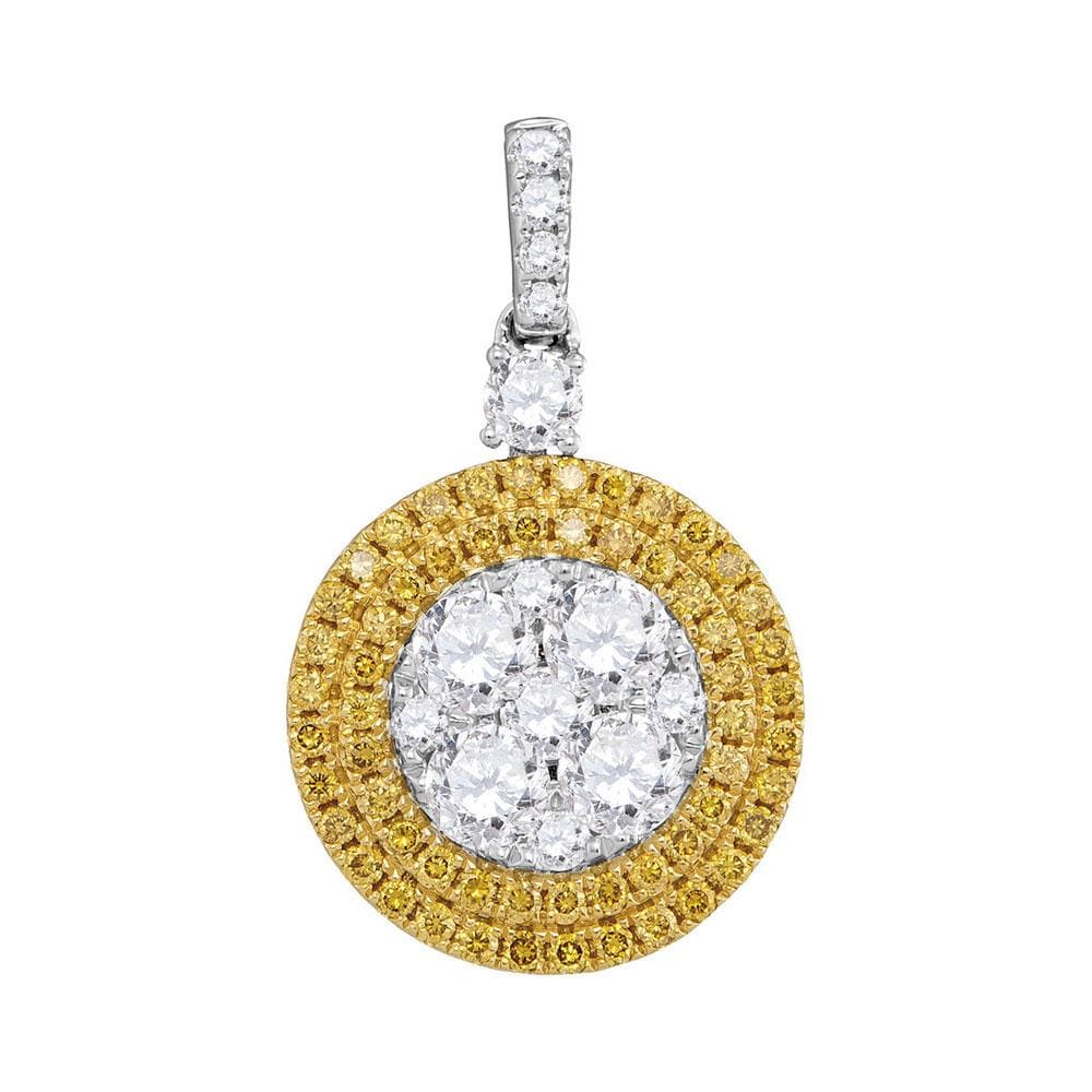 18kt White Gold Womens Round Yellow Diamond Circle Cluster Dangle Pendant 1-3/4 Cttw
