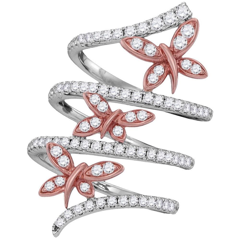 18kt White Gold Womens Round Diamond Triple Butterfly Bug Coil Ring 1 Cttw