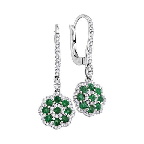18kt White Gold Womens Round Natural Emerald Cluster with Genuine Diamond Frame Dangle Earrings 1.00 Cttw
