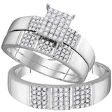 10kt White Gold His Hers Diamond Square Cluster Matching Wedding Set 1/2 Cttw