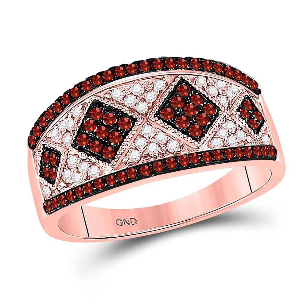 10kt Rose Gold Womens Round Red Color Enhanced Diamond Striped Cluster Band Ring 1/2 Cttw