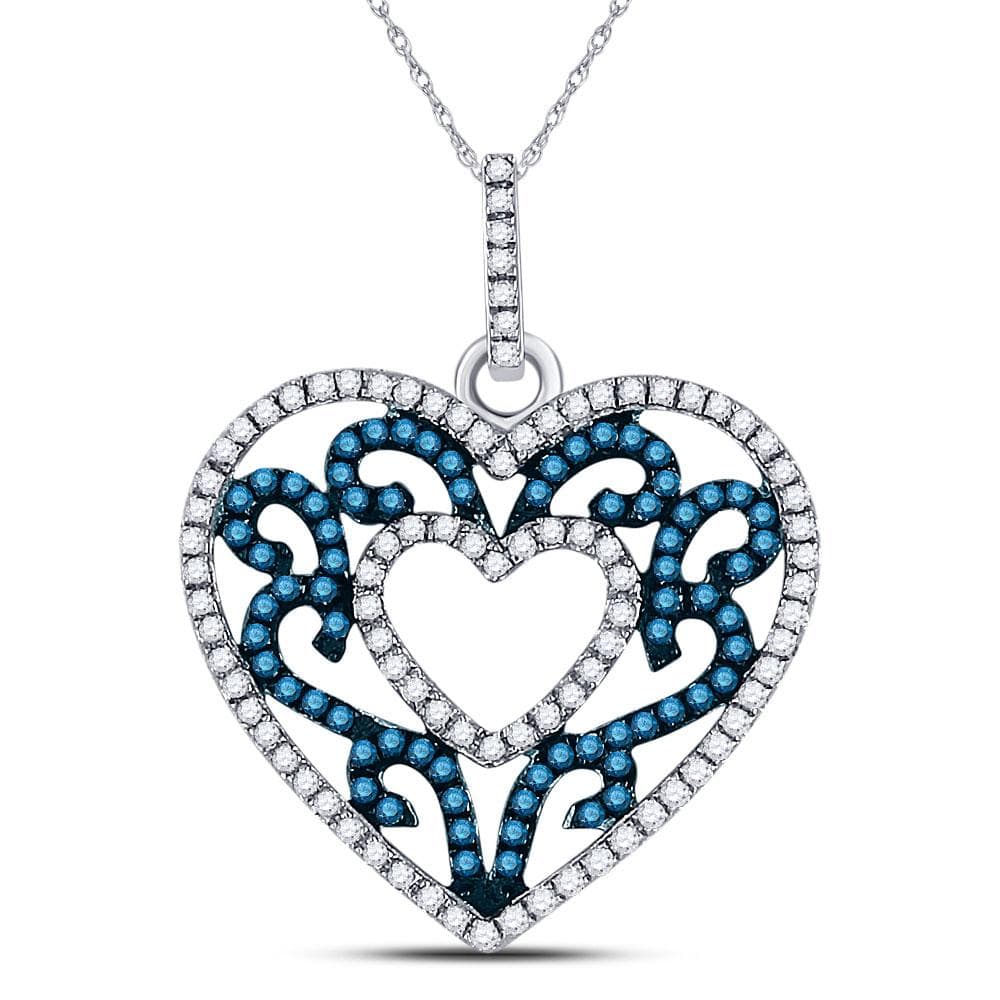 10kt White Gold Womens Round Blue Color Enhanced Diamond Antique-style Heart Pendant 1/2 Cttw