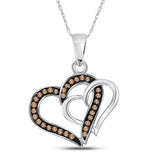 10kt White Gold Womens Round Brown Diamond Double Linked Heart Pendant 1/4 Cttw