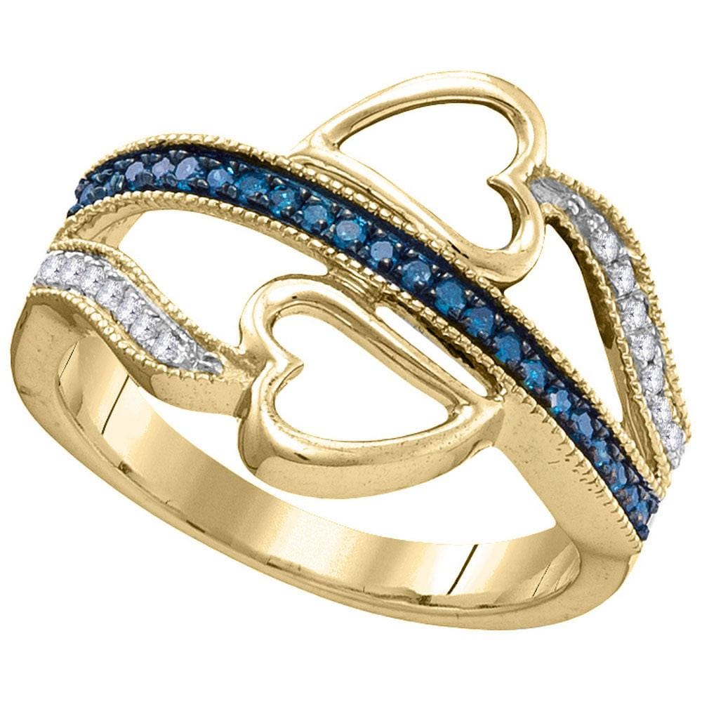 10kt Yellow Gold Womens Round Blue Color Enhanced Diamond Double Heart Ring 1/5 Cttw