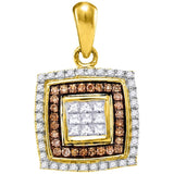 10kt Yellow Gold Womens Round Cognac-brown Color Enhanced Diamond Square Pendant 1/3 Cttw