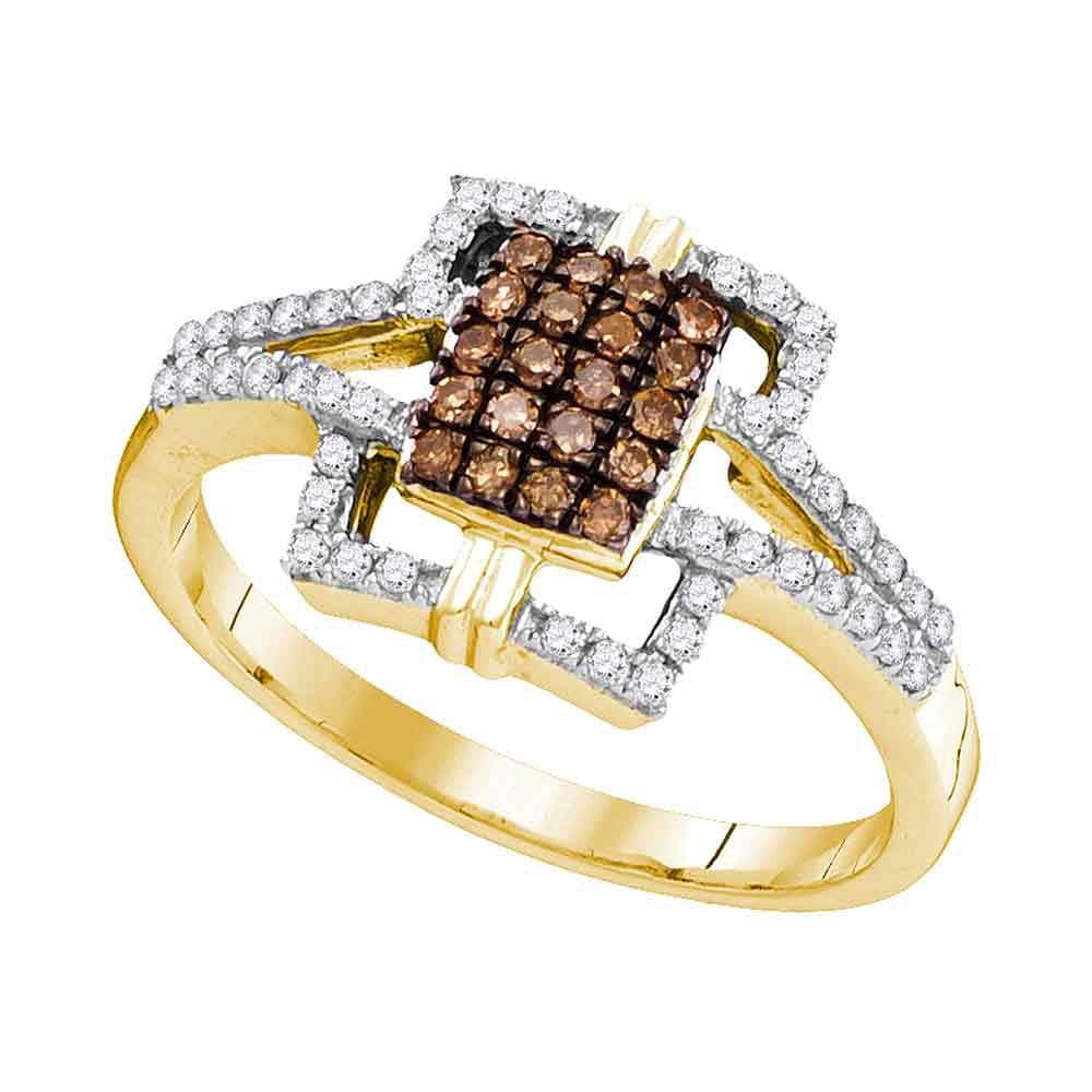 10kt Yellow Gold Womens Round Cognac-brown Color Enhanced Diamond Square Ring 1/3 Cttw