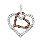 10kt White Gold Womens Round Cognac-brown Color Enhanced Diamond Double Heart Pendant 1/3 Cttw