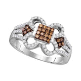 10kt White Gold Womens Round Brown Diamond Quatrefoil Square Cluster Ring 1/2 Cttw