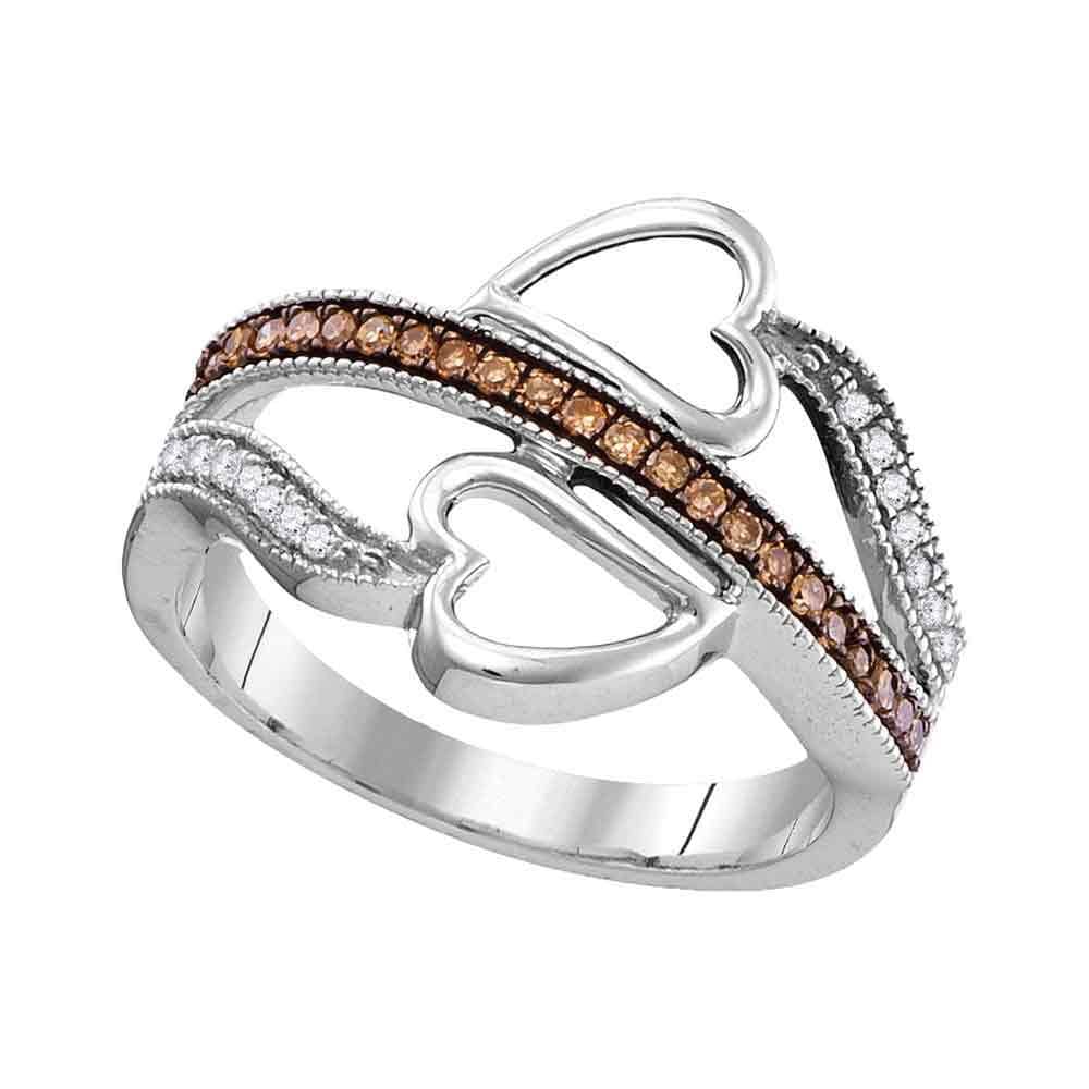 10kt White Gold Womens Round Brown Diamond Heart Crossover Ring 1/5 Cttw