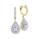 14kt Yellow Gold Womens Princess Round Diamond Teardrop Frame Cluster Earrings 1-1/10 Cttw