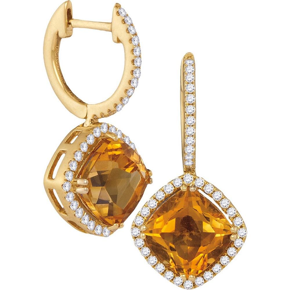 14kt Yellow Gold Womens Cushion Natural Citrine Diamond Dangle Earrings 5-1/3 Cttw