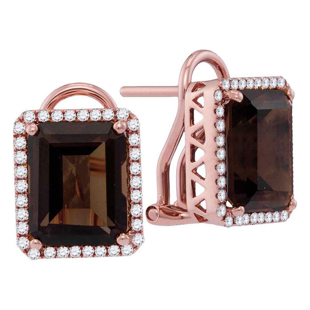 14kt Rose Gold Womens Emerald-shape Smoky Quartz Diamond Stud Earrings 6-7/8 Cttw