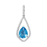 14kt White Gold Womens Pear Blue Topaz Solitaire Diamond Teardrop Pendant 2-1/12 Cttw