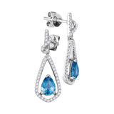 14kt White Gold Womens Pear Blue Topaz Solitaire Teardrop Diamond Dangle Earrings 1/3 Cttw