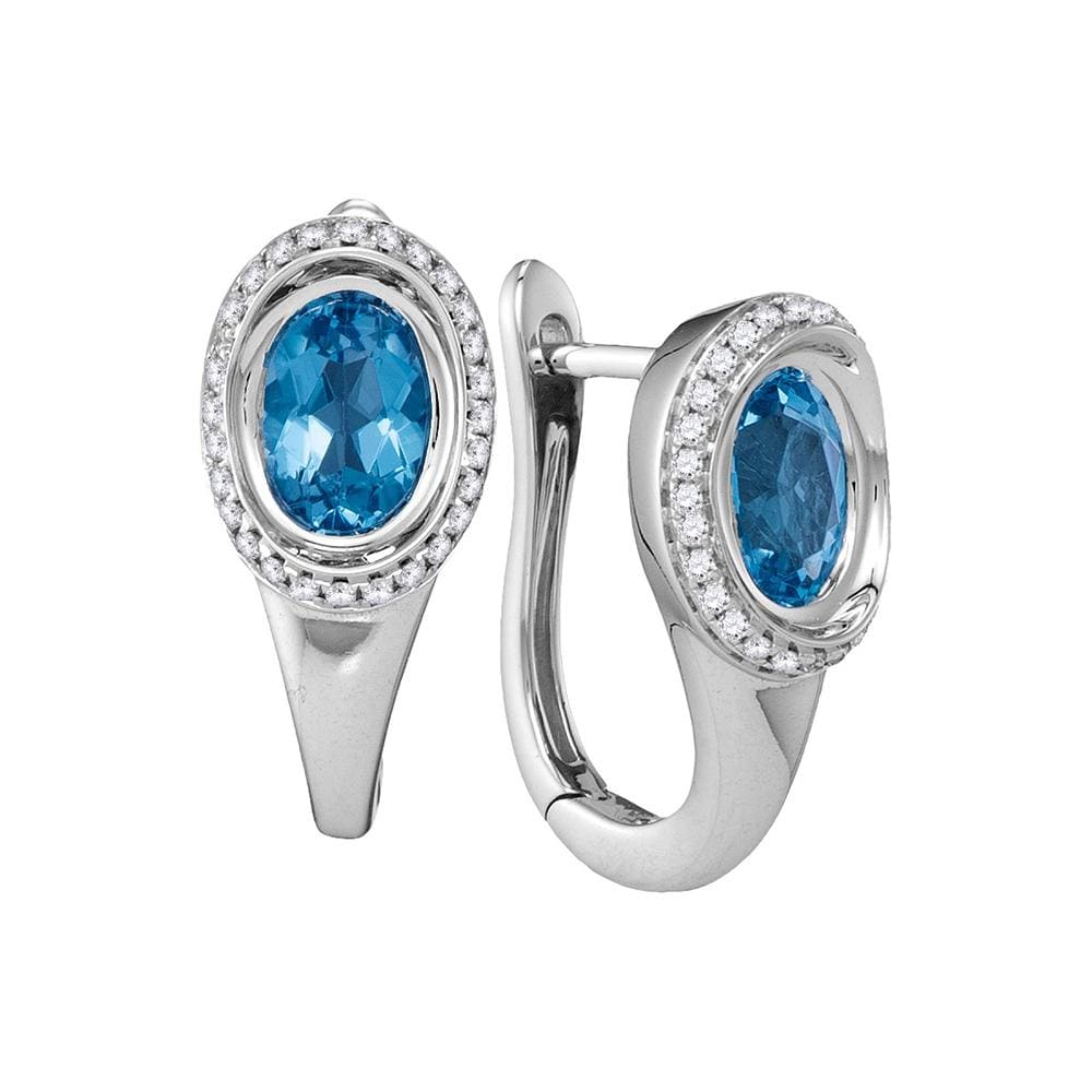 14kt White Gold Womens Oval Natural Blue Topaz Diamond Hoop Earrings 1/4 Cttw