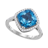 14kt White Gold Womens Cushion Blue Topaz Solitaire Diamond Halo Ring 3-/8 Cttw