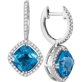 14kt White Gold Womens Cushion Natural Blue Topaz Diamond Dangle Earrings 5-1/2 Cttw