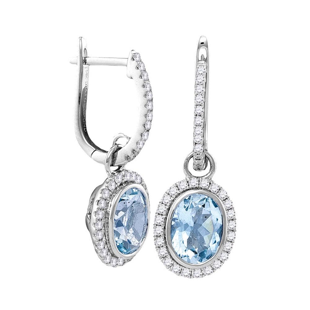 14kt White Gold Womens Round Natural Aquamarine Diamond Oval Dangle Earrings 2-3/8 Cttw
