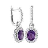 14kt White Gold Womens Round Natural Amethyst Diamond Oval Dangle Earrings 2-3/8 Cttw