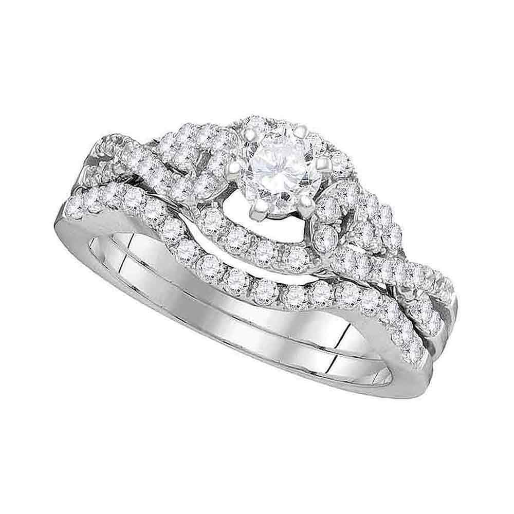 14k White Gold Round Diamond Woven Twist Bridal Wedding Ring Band Set 1 Cttw