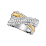 14kt Two-tone White Yellow Gold Womens Round Diamond Crossover Fashion Band Ring 1 Cttw
