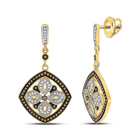 14kt Yellow Gold Womens Round Brown Color Enhanced Natural Diamond Square Dangle Earrings 1/2 Cttw