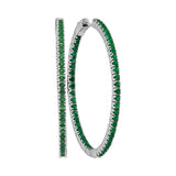 14kt White Gold Womens Round Emerald Large Slender Inside Outside Hoop Earrings 3.00 Cttw
