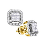 14kt Yellow Gold Womens Princess Diamond Square Frame Cluster Stud Earrings 1 Cttw