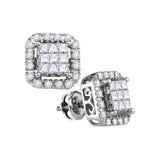 14kt White Gold Womens Princess Diamond Square Frame Cluster Stud Earrings 1 Cttw