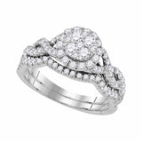 14kt White Gold Diamond Cluster Bridal Wedding Ring Band Set 7/8 Cttw