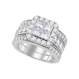 14k White Gold Princess Diamond Halo Bridal Wedding Ring Band Set 3 Cttw