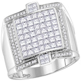 14kt White Gold Mens Princess Diamond Square Luxury Cluster Ring 2 Cttw