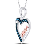 Sterling Silver Womens Round Blue Color Enhanced Diamond Heart Mom Pendant 1/10 Cttw