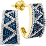 10kt Yellow Gold Womens Round Blue Color Enhanced Diamond Half J Hoop Earrings 1/10 Cttw