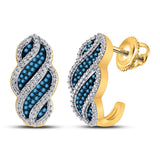 10kt Yellow Gold Womens Round Blue Color Enhanced Diamond J Half Hoop Earrings 1/10 Cttw