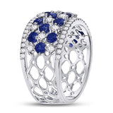 18kt White Gold Womens Round Blue Sapphire Diamond Checkered Band Ring 2 Cttw