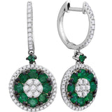 18kt White Gold Womens Round Emerald Diamond Cluster Dangle Earrings 1-3/4 Cttw