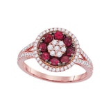 18kt Rose Gold Womens Round Ruby Diamond Flower Cluster Ring /8 Cttw