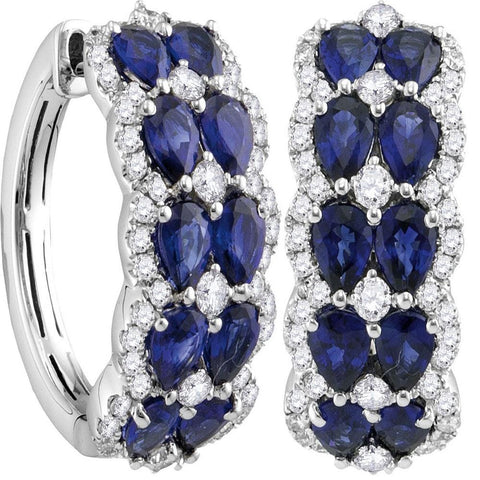 18kt White Gold Womens Oval Natural Blue Sapphire Diamond Double Row Hoop Earrings 4.62 Cttw